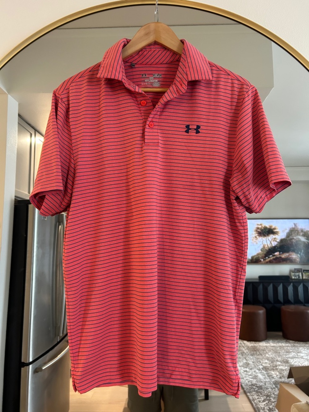 Under Armour Men’s Coral Pink Polo with Navy Stripes